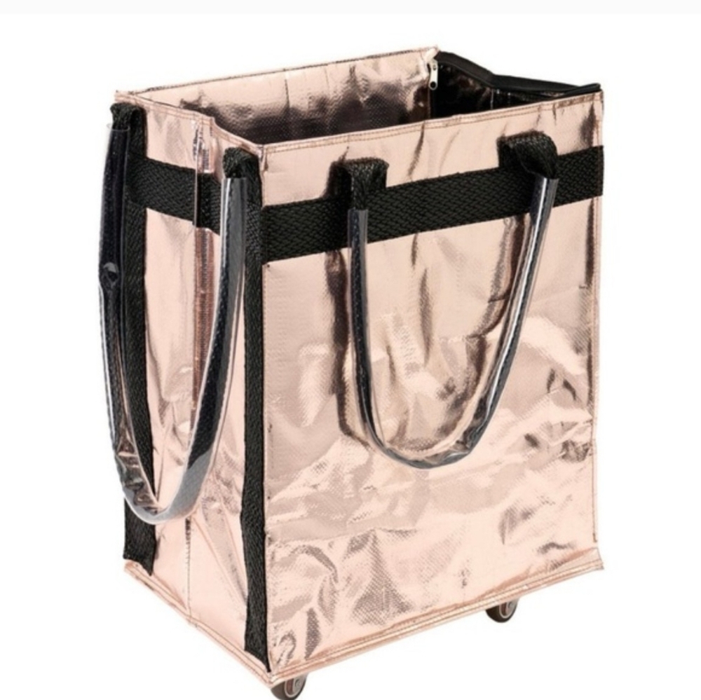 NEW LS LIVE IN STYLE Foldable Rolling Tote Rose Gold Aldi Bag